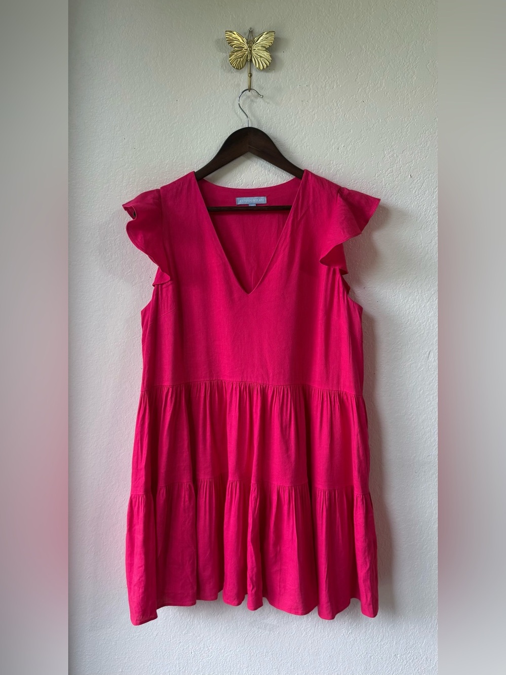 ANTONIO MELANI Linen Hot Pink Flutter Sleeve Tiered Mini Dress size M - Picture 2 of 7